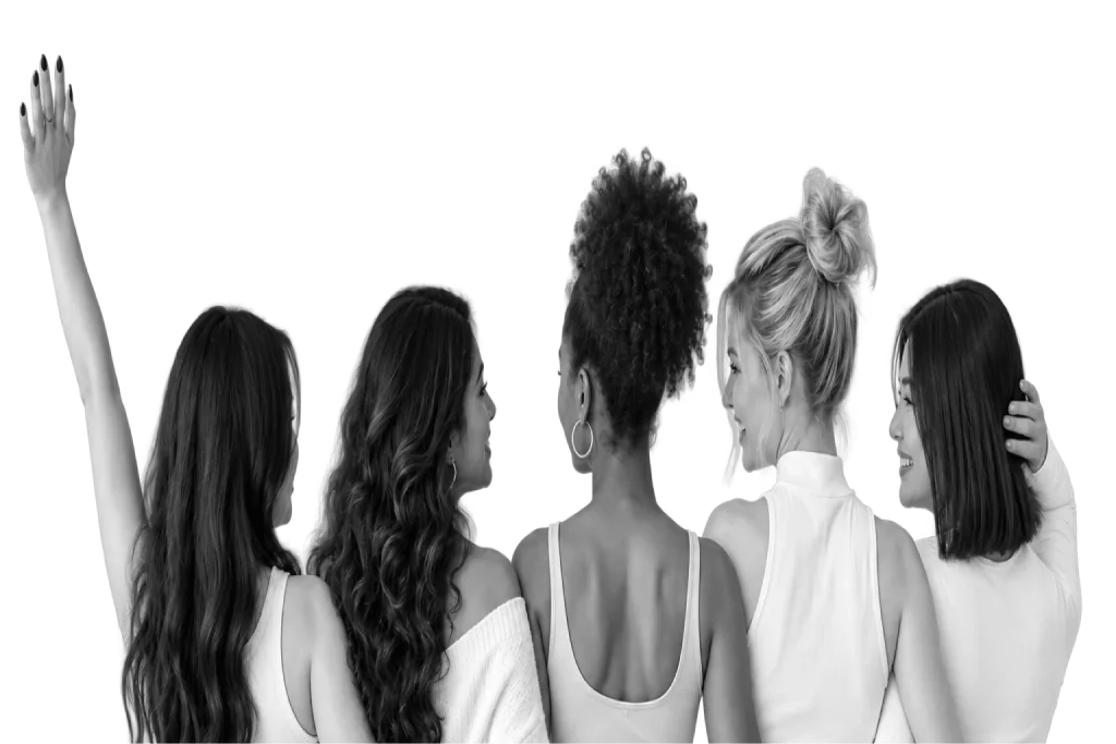 Five women standing together, seen from behind