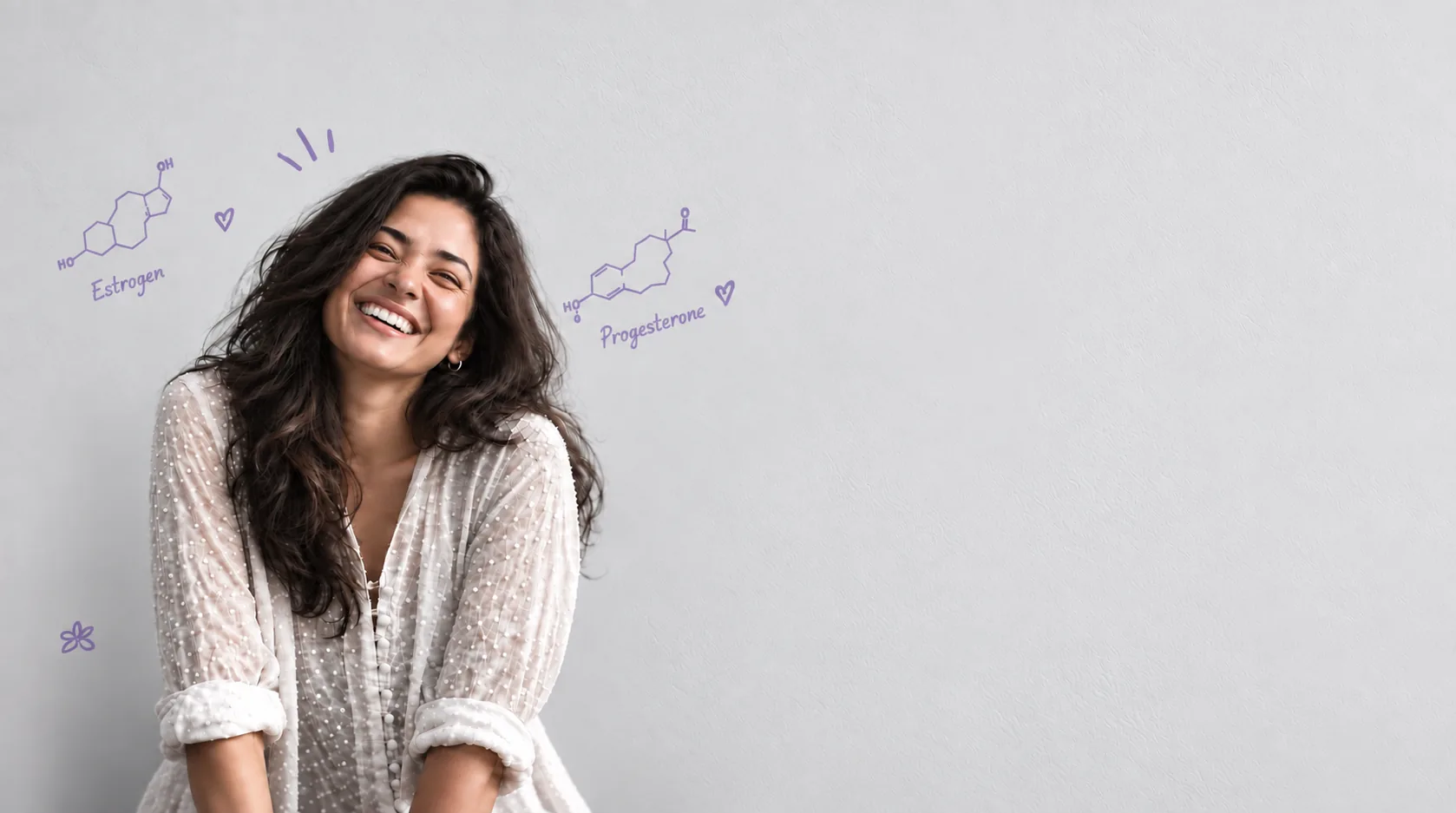 Smiling woman with hand-drawn estrogen and progesterone molecules