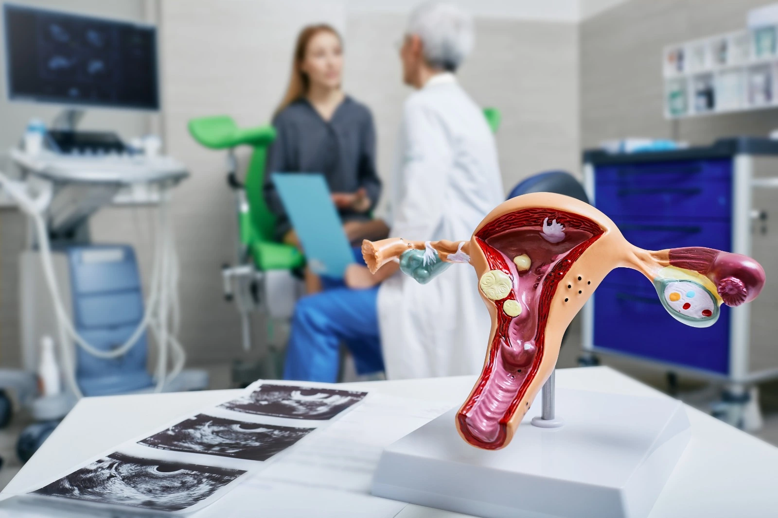 Gynecologist explaining hysterectomy procedure with anatomical uterus model in clinic