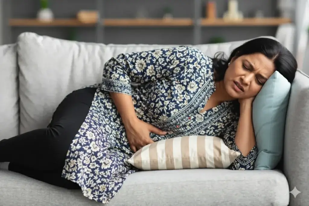 Indian woman in her 40s holding her abdomen due to heavy periods during perimenopause.