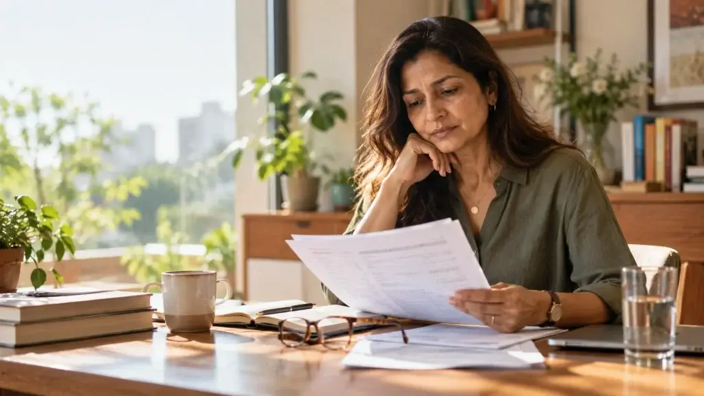 Woman reviewing menopause hormone levels information at home
