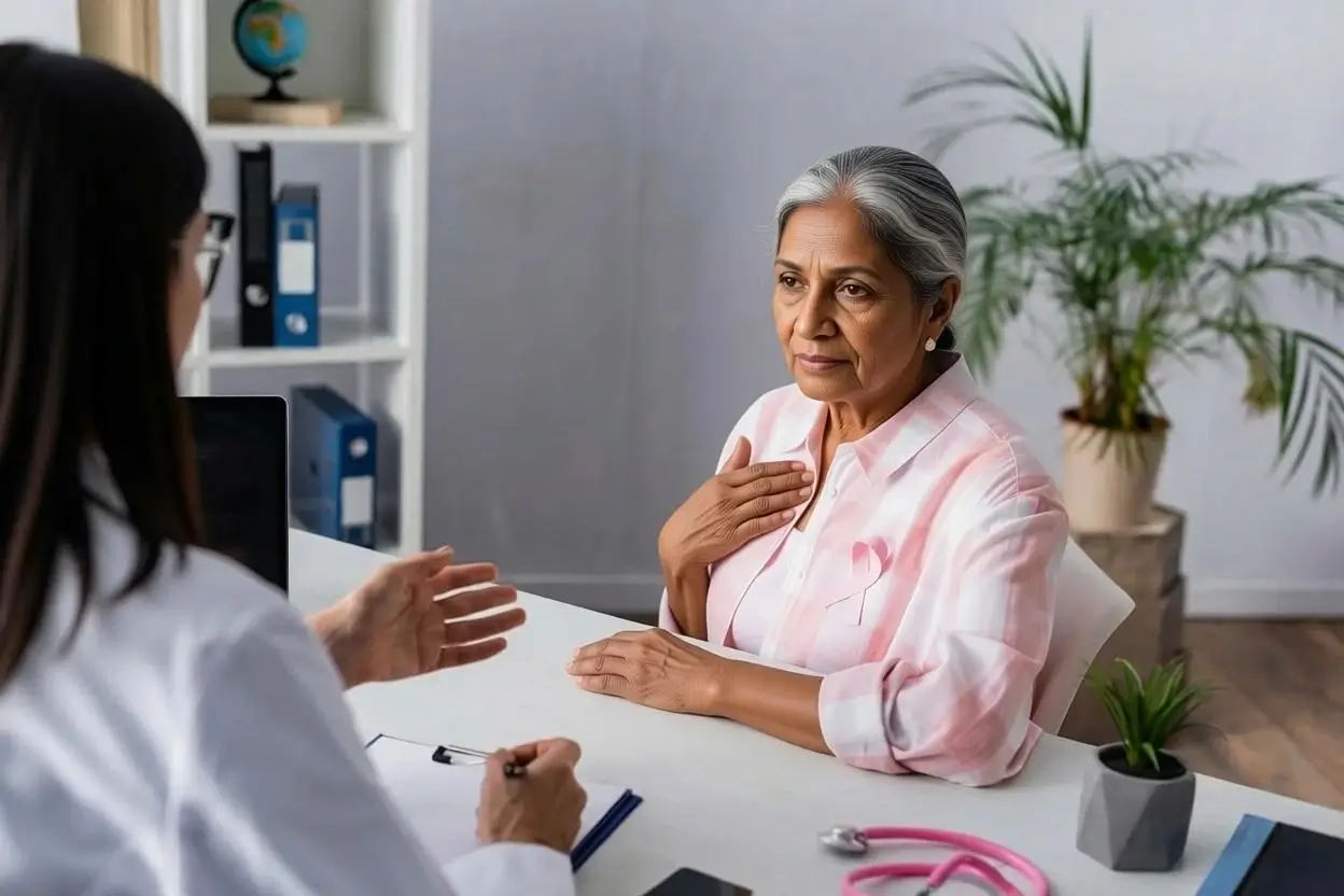 Doctor discussing menopause medicine options with an older woman during a personalised medical consultation.