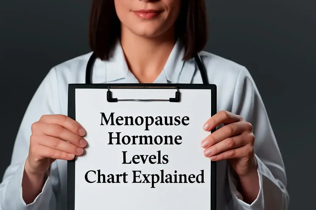 Doctor holding menopause hormone levels chart explaining estrogen, progesterone, and FSH changes during perimenopause, menopause, and postmenopause