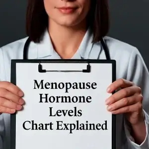 Doctor holding menopause hormone levels chart explaining estrogen, progesterone, and FSH changes during perimenopause, menopause, and postmenopause