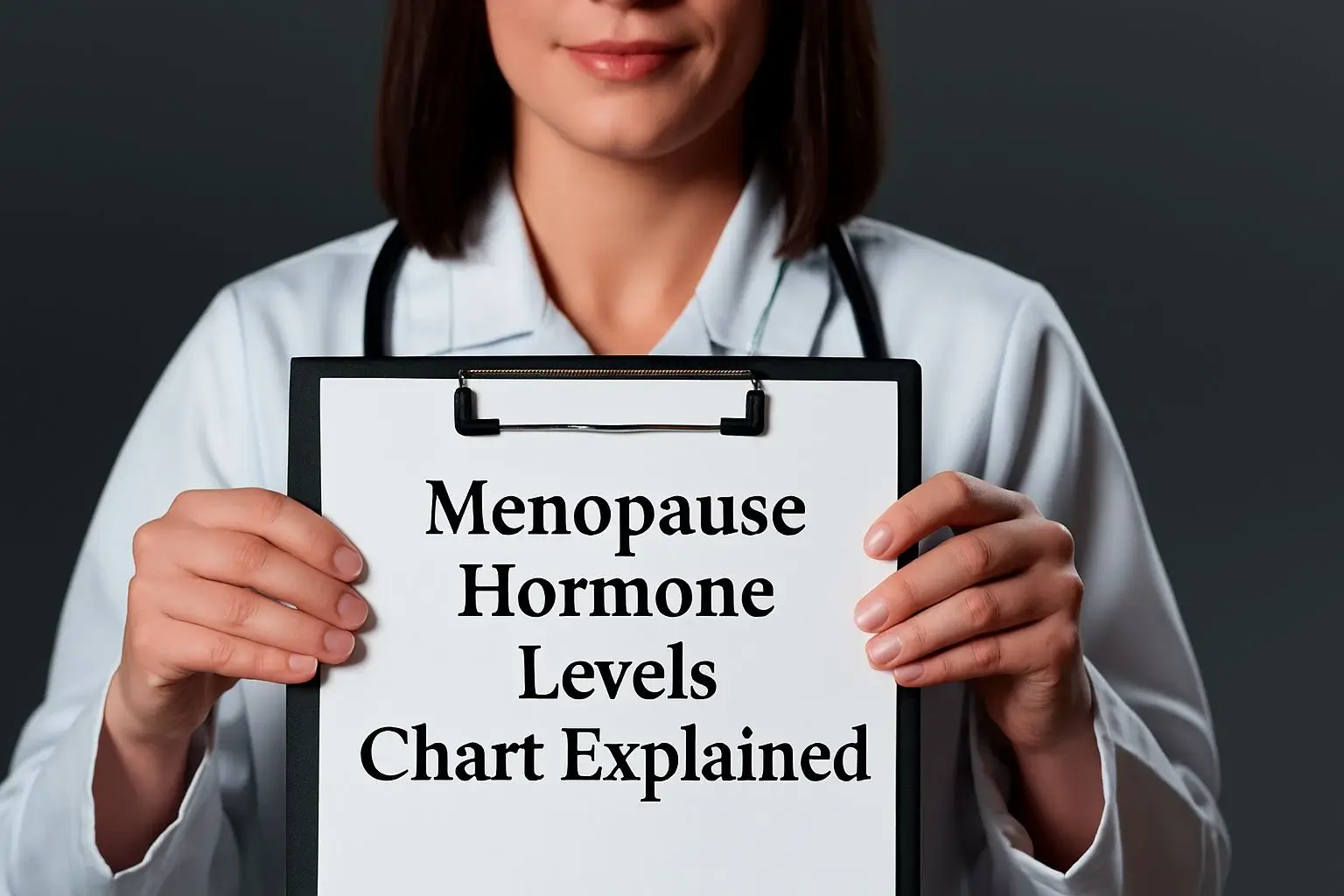 Doctor holding menopause hormone levels chart explaining estrogen, progesterone, and FSH changes during perimenopause, menopause, and postmenopause