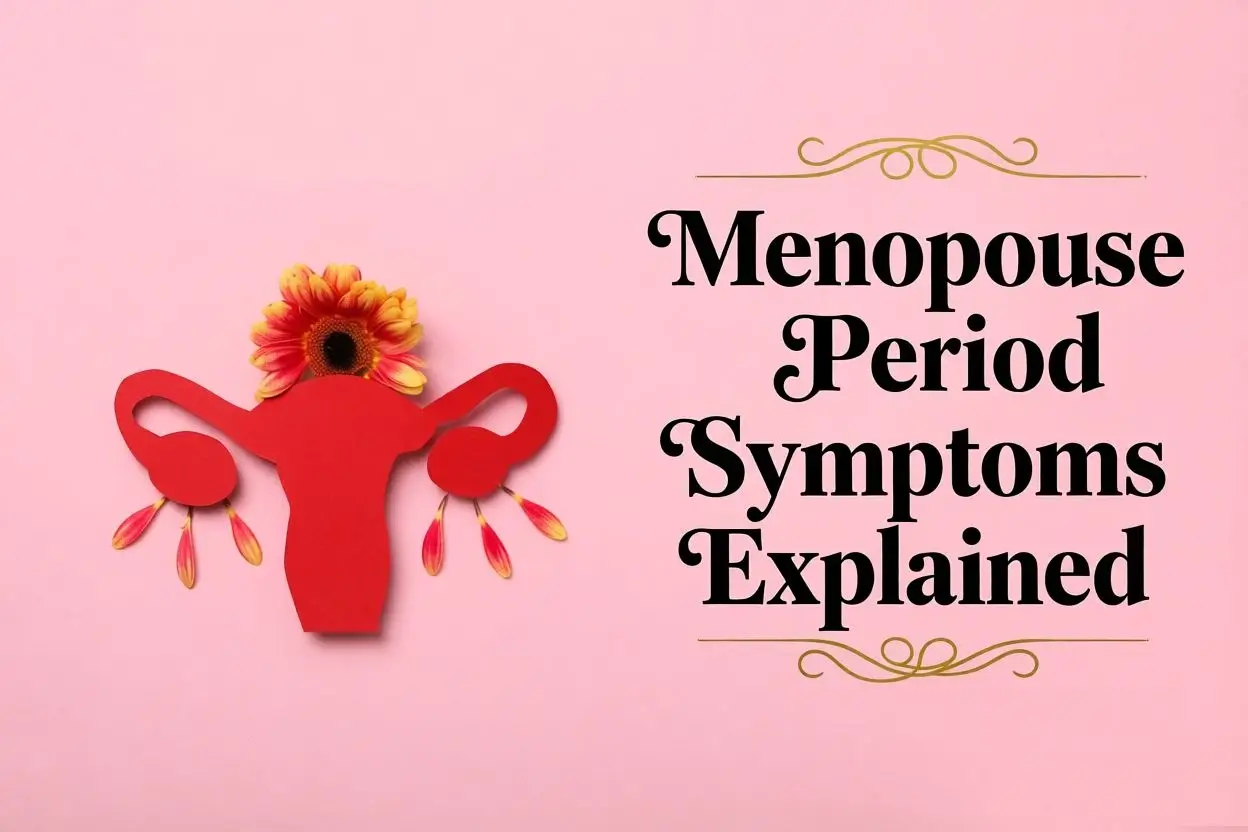 Menopause period symptoms explained with uterus illustration showing hormonal changes, irregular bleeding, and menstrual transition during perimenopause and menopause
