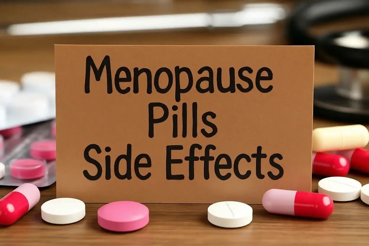 Menopause pills side effects illustrated with prescription tablets and capsules, highlighting common and clinical reactions women may experience during menopause treatment.