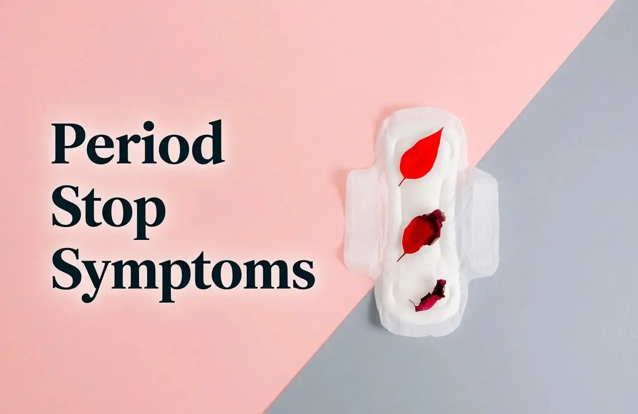 Period stop symptoms illustrated with sanitary pad and red petals symbolizing menopause transition, hormonal changes, and signs of periods stopping in women