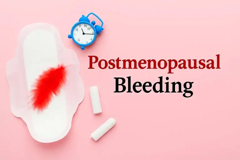 Postmenopausal bleeding shown with sanitary pad and blood stain, illustrating postmenopausal bleeding symptoms and causes in women after menopause