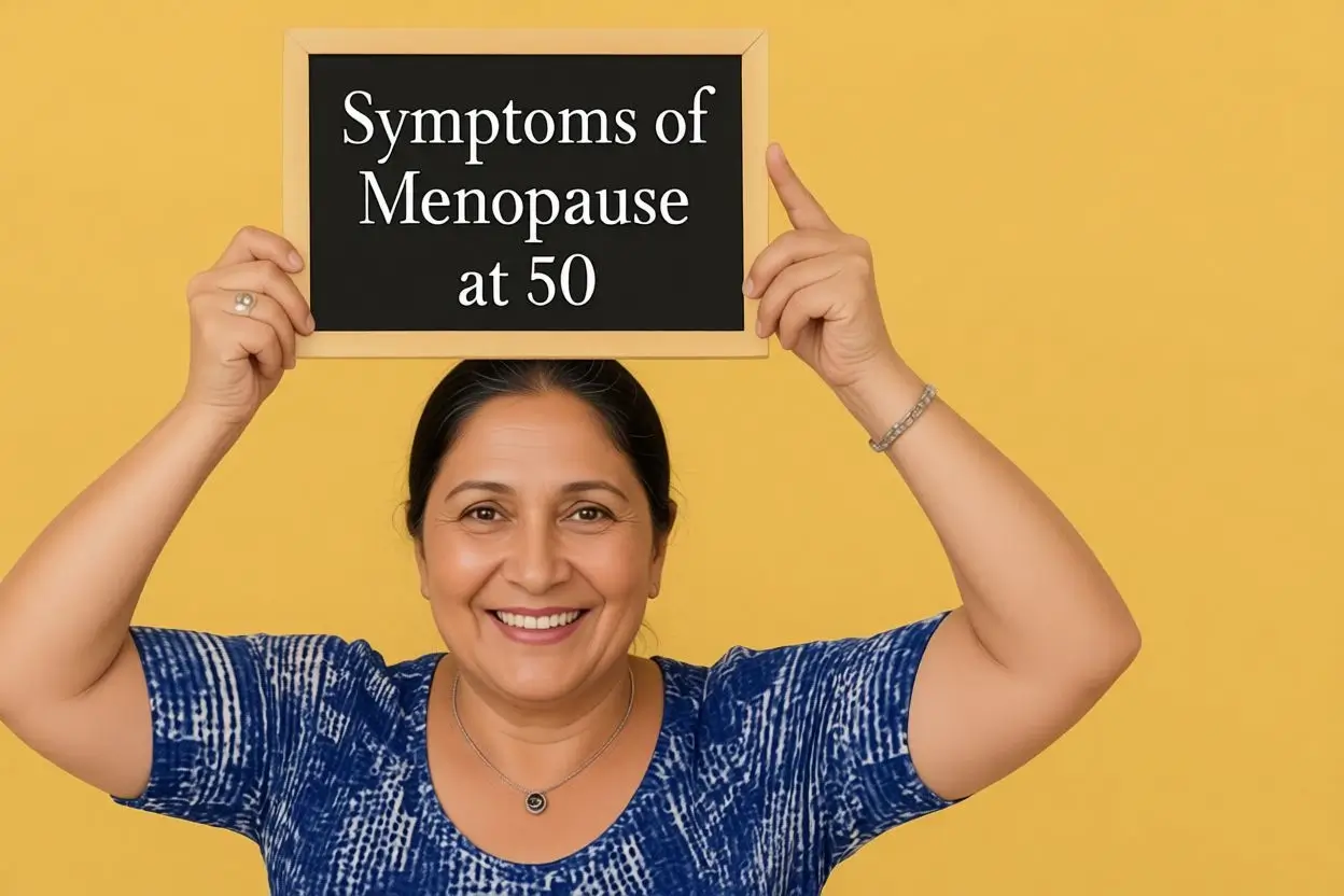 Smiling woman holding a sign showing symptoms of menopause at 50, representing hormonal changes, menopause awareness, and healthy aging support