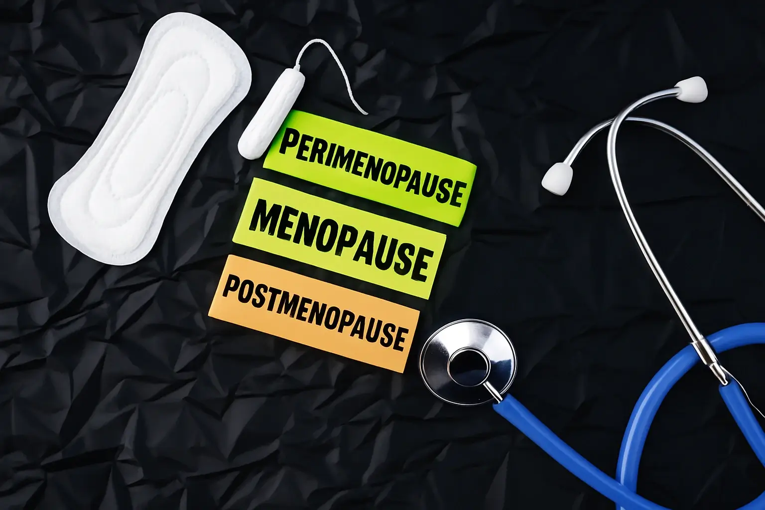 Visual showing perimenopause, menopause, and postmenopause stages with menstrual pad, tampon, and stethoscope representing postmenopausal symptoms and hormonal health changes