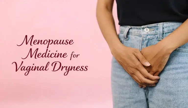 Menopause medicine for vaginal dryness showing woman holding lower abdomen highlighting intimate discomfort during menopause