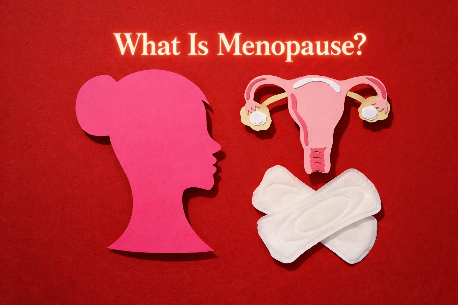 What is menopause illustration showing female silhouette, uterus diagram and sanitary pads representing menopause meaning, symptoms and hormonal changes in women