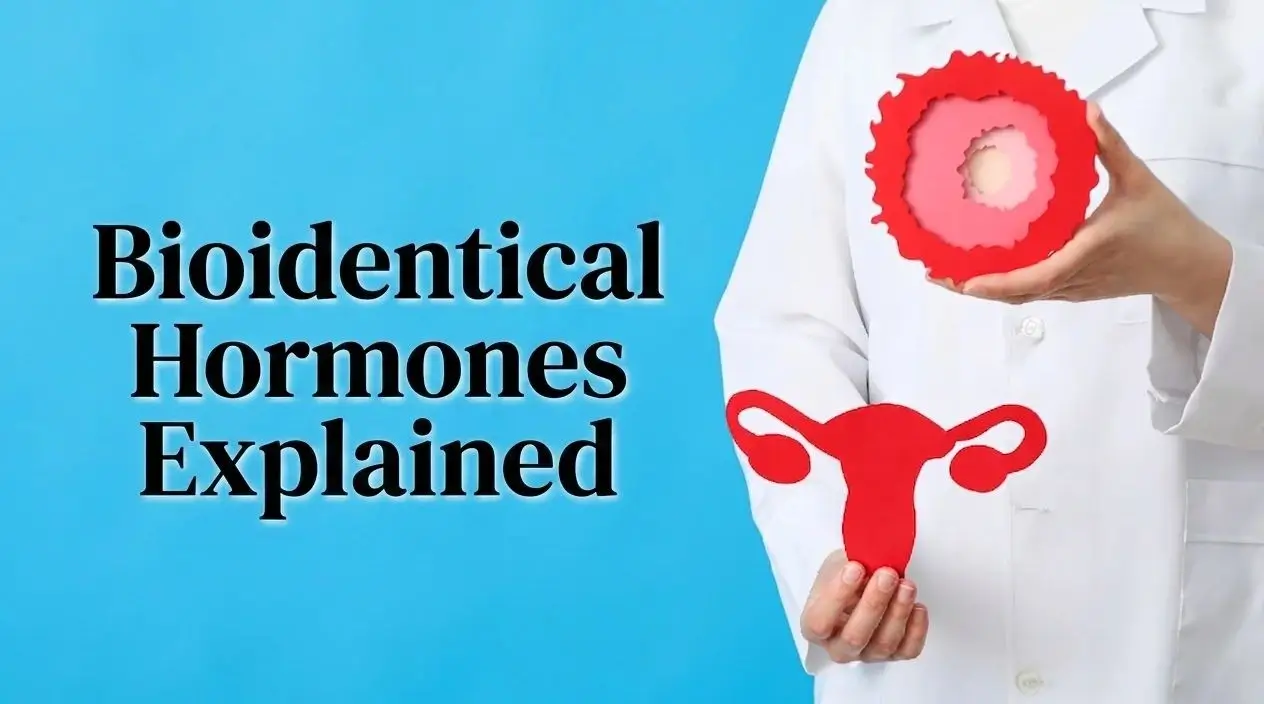 Bioidentical hormones explained with doctor holding uterus and ovary model for menopause HRT safety and natural hormone therapy
