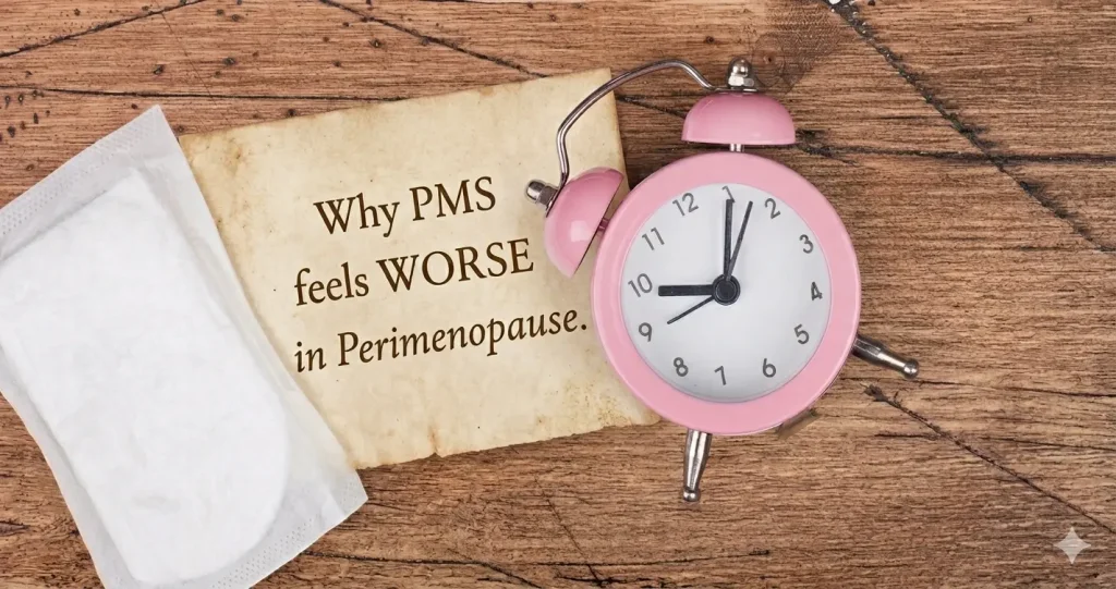 Menstrual cycle changes in perimenopause with clock, pad, tablets and why PMS feels worse illustration