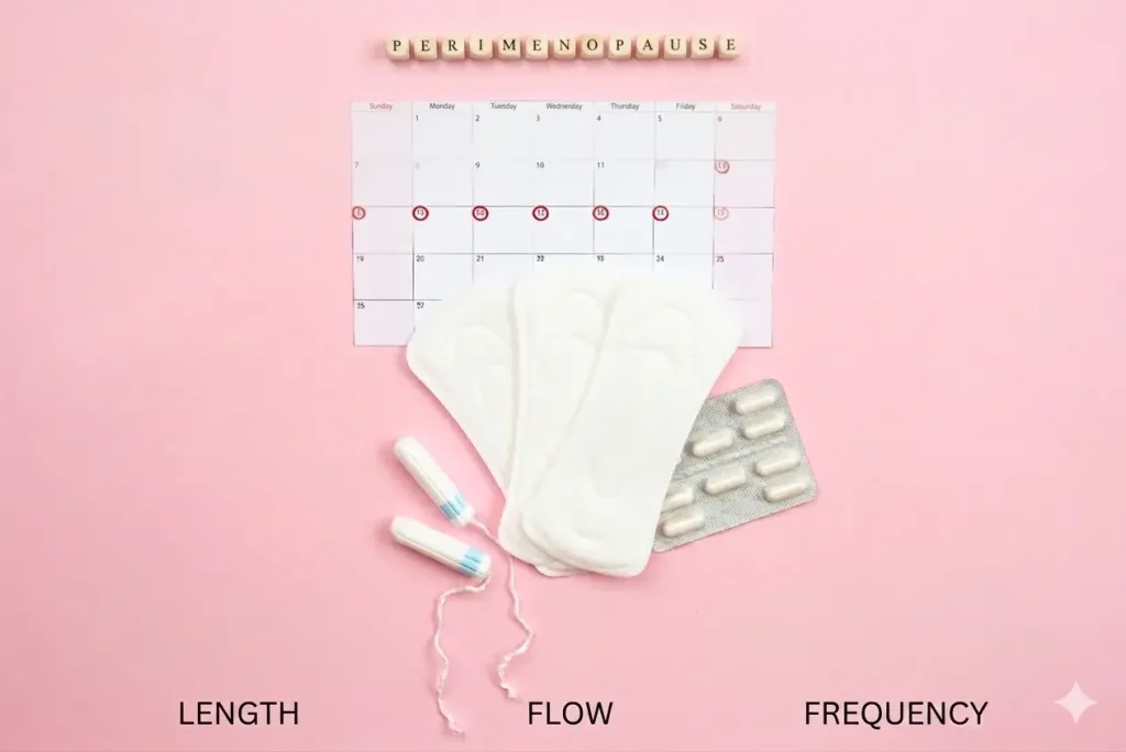 Illustration showing normal period cycle changes in perimenopause with menstrual calendar and sanitary pads