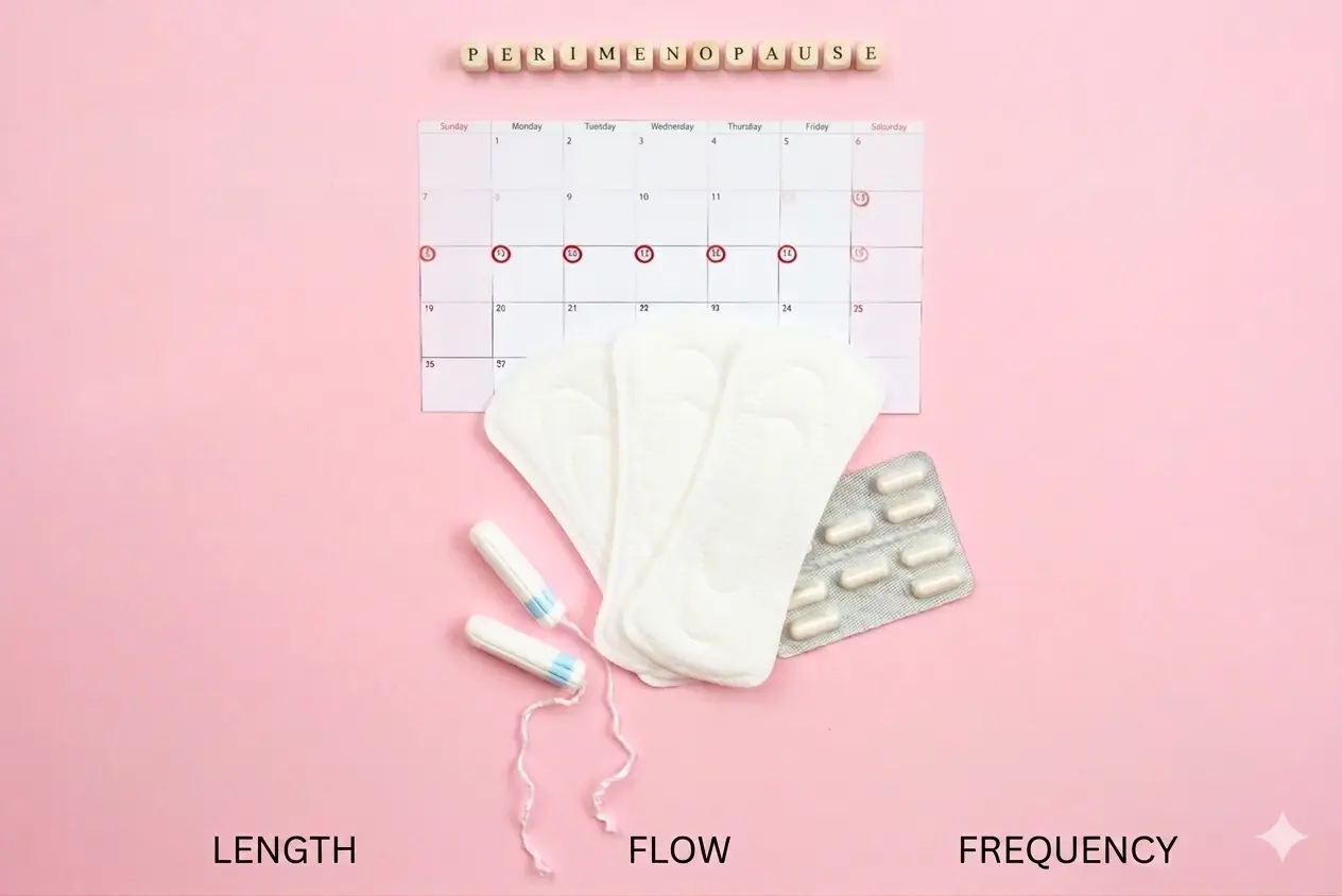 Illustration showing normal period cycle changes in perimenopause with menstrual calendar and sanitary pads