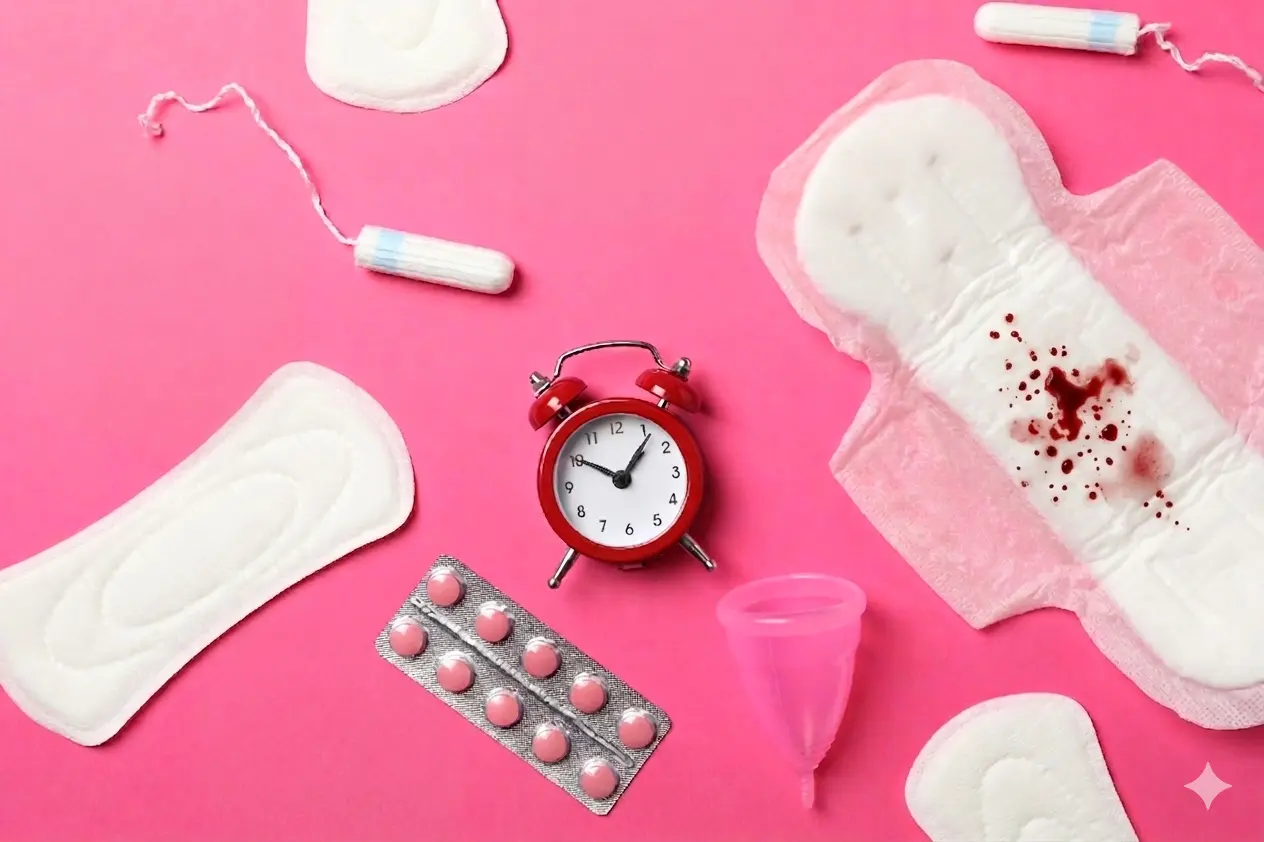 what is menstruation in perimenopause concept showing sanitary pads, menstrual blood, thread roll and clock representing irregular period timing