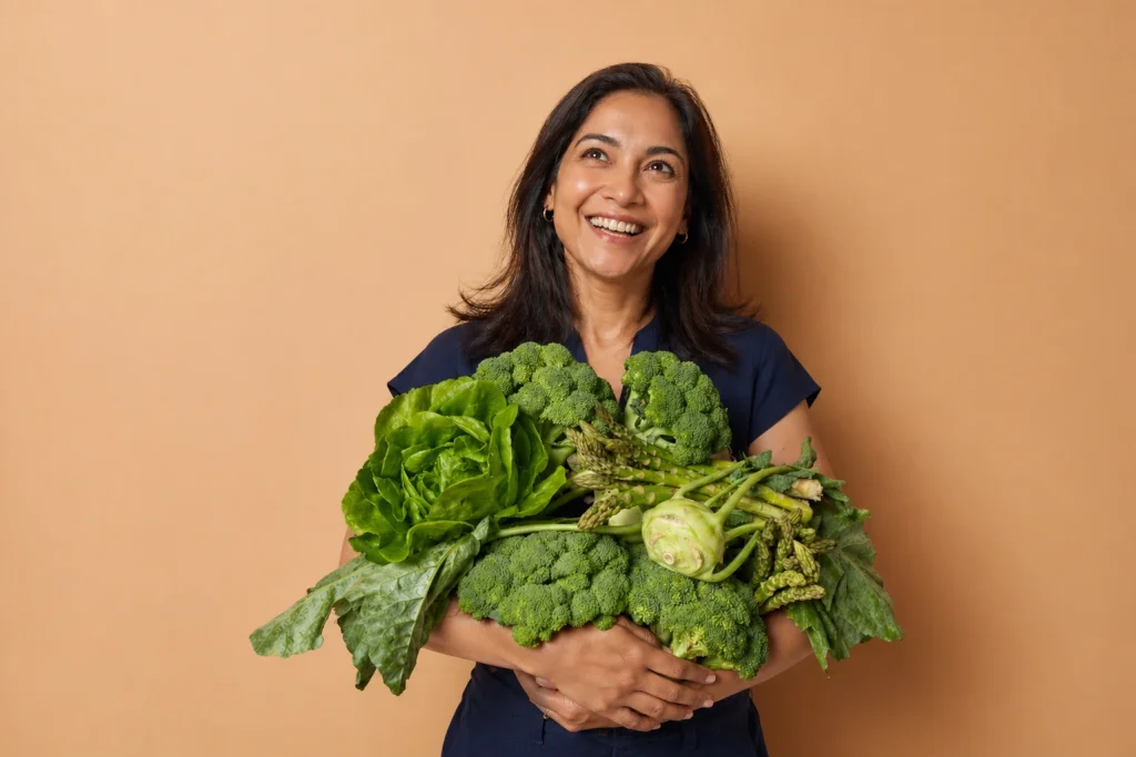 Smiling 45-year-old Indian woman holding fresh green vegetables like broccoli, lettuce, and asparagus against a warm beige background, representing healthy foods for hormonal balance and bloating relief.