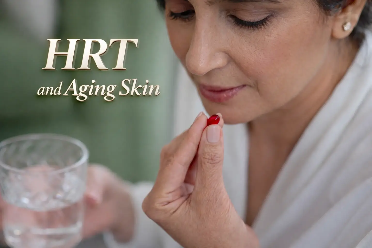 HRT and aging skin concept showing menopausal woman taking hormone therapy pill for wrinkles collagen loss and estrogen skin aging