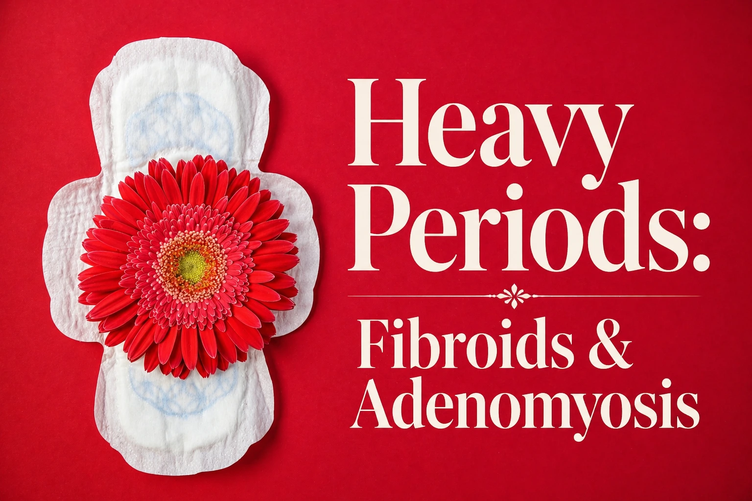 Heavy periods caused by fibroids and adenomyosis illustrated with sanitary pad and red flower on bold background