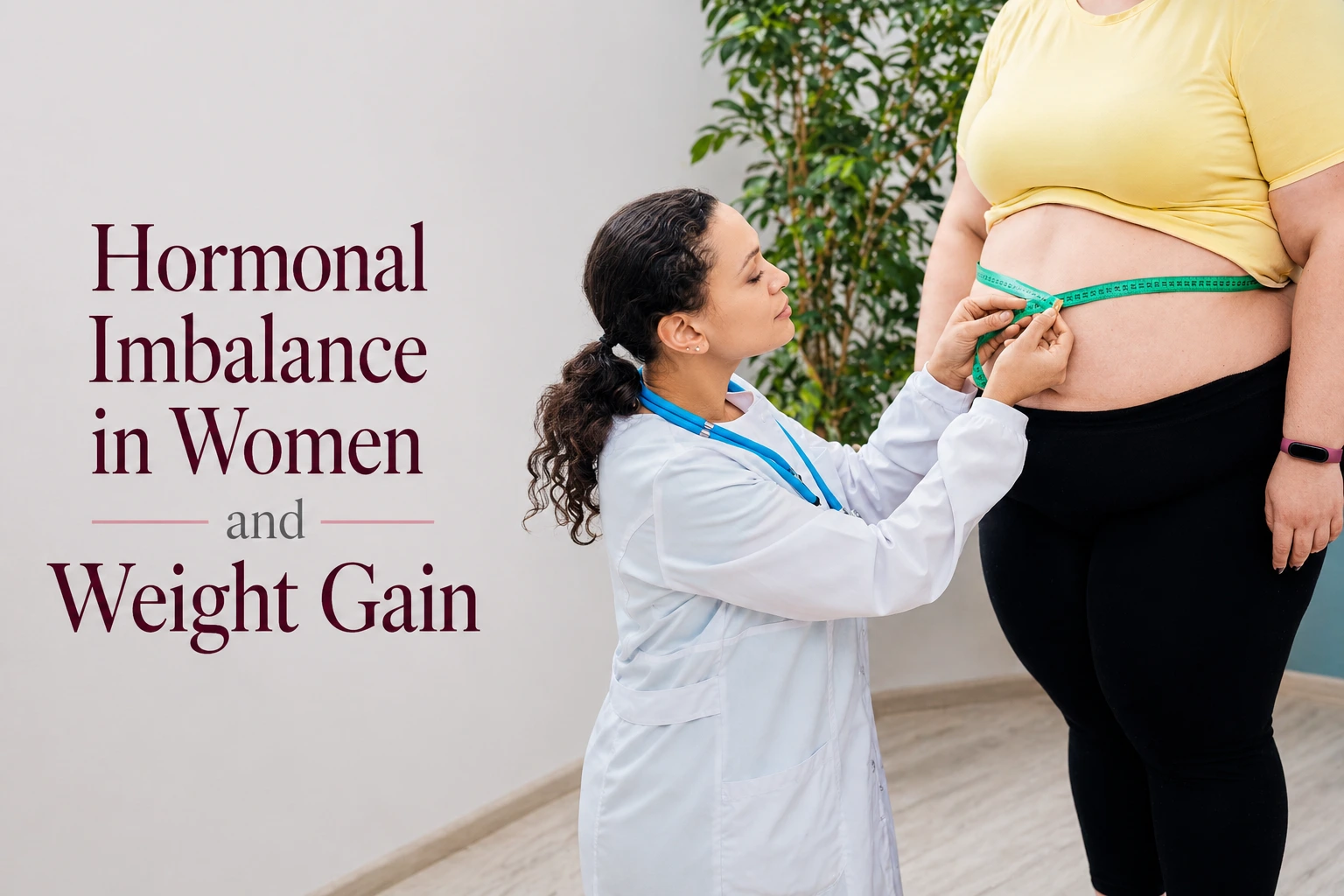 Hormonal imbalance in women causing weight gain, doctor measuring abdominal fat with tape to assess hormonal weight changes