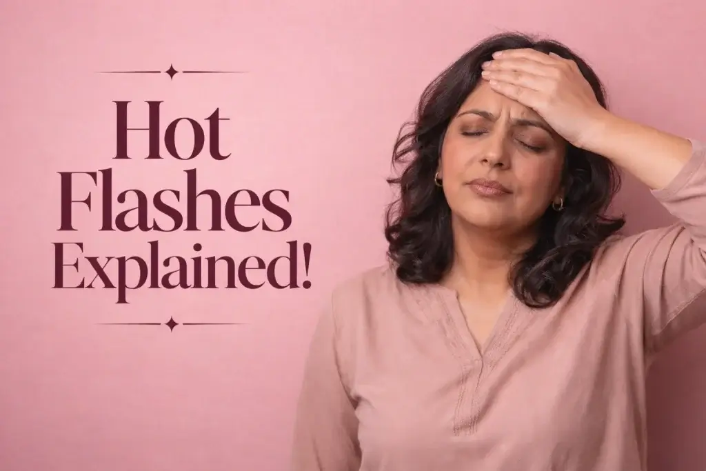Hot flashes menopause showing Indian woman experiencing heat and discomfort with hand on forehead