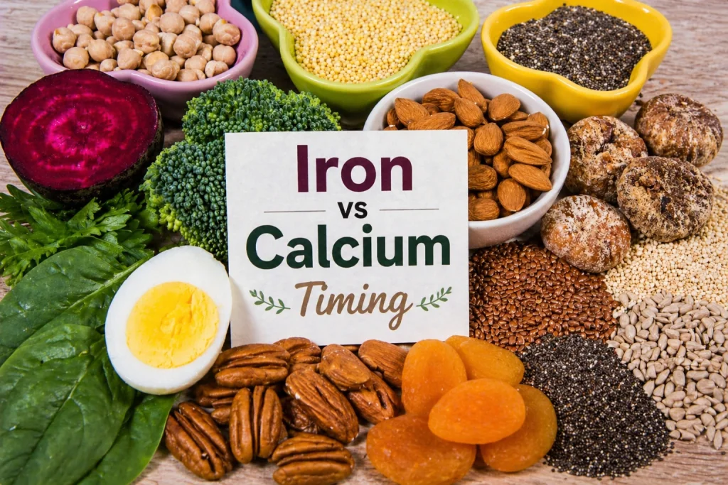 Iron vs calcium timing foods showing nutrient-rich sources for better absorption in midlife women