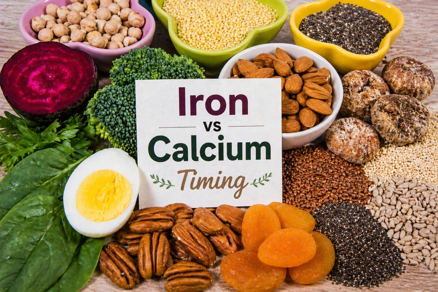 Iron vs calcium timing foods showing nutrient-rich sources for better absorption in midlife women