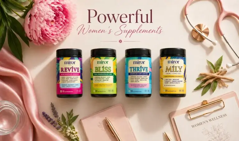 Flat lay of Miror women’s supplements—Revive, Bliss, Thrive, and Mily—arranged with herbs, flowers, and a stethoscope symbolizing science-backed menopause and hormonal wellness