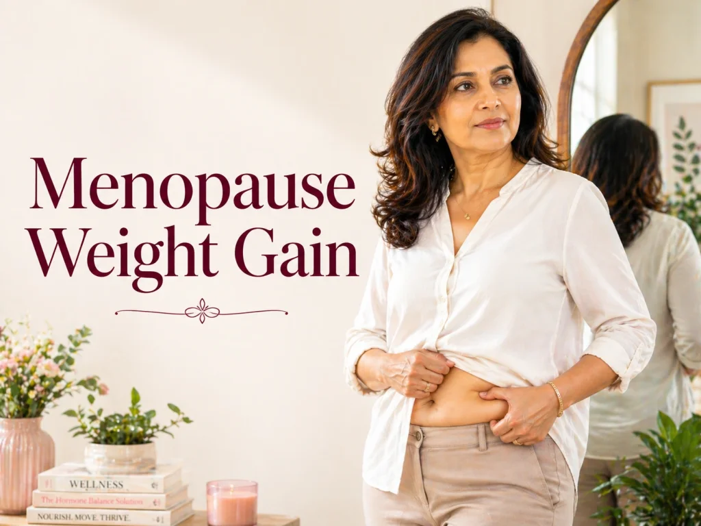 Menopause weight gain in midlife women, Indian woman in her 50s checking belly fat in mirror, hormonal changes and menopause body changes concept