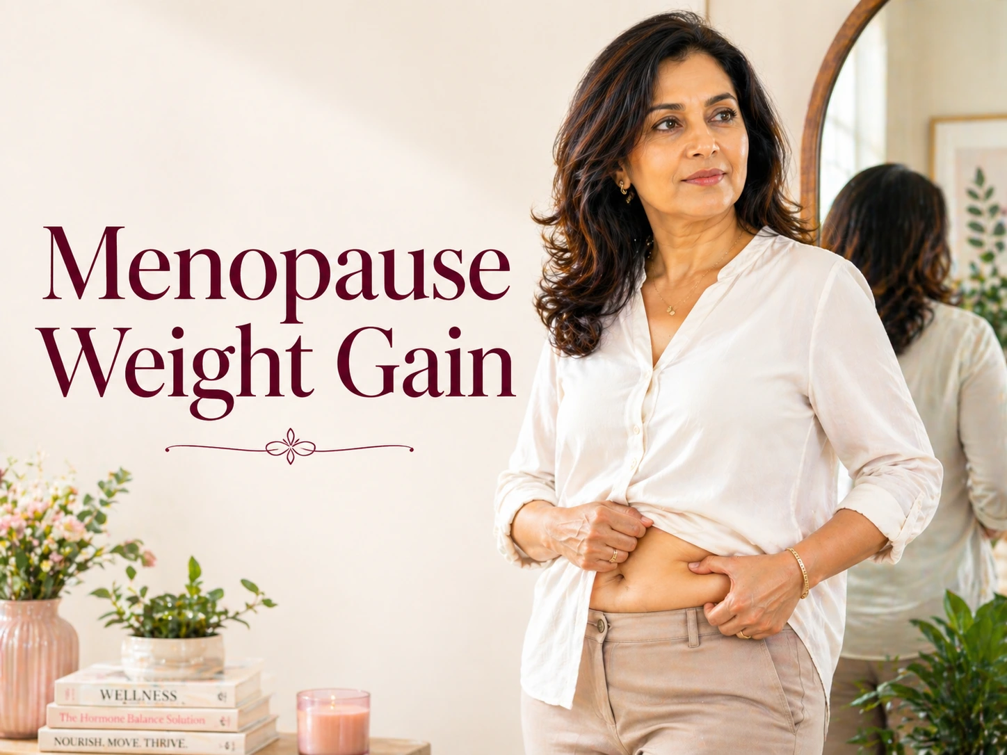 Menopause weight gain in midlife women, Indian woman in her 50s checking belly fat in mirror, hormonal changes and menopause body changes concept