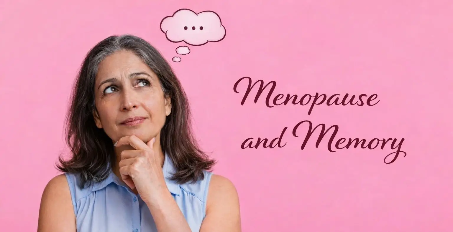 Menopause and memory concept showing thoughtful midlife woman with brain fog thinking about memory loss during menopause