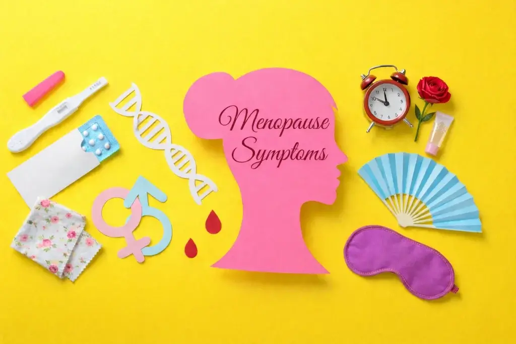 Menopause symptoms illustrated with female silhouette and medical icons including hot flashes, sleep issues, and hormonal changes