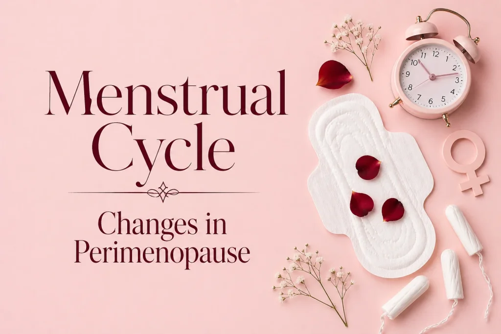 Menstrual cycle changes in perimenopause illustrated with sanitary pad, rose petals indicating spotting, tampons, and feminine health symbols on a soft pink background