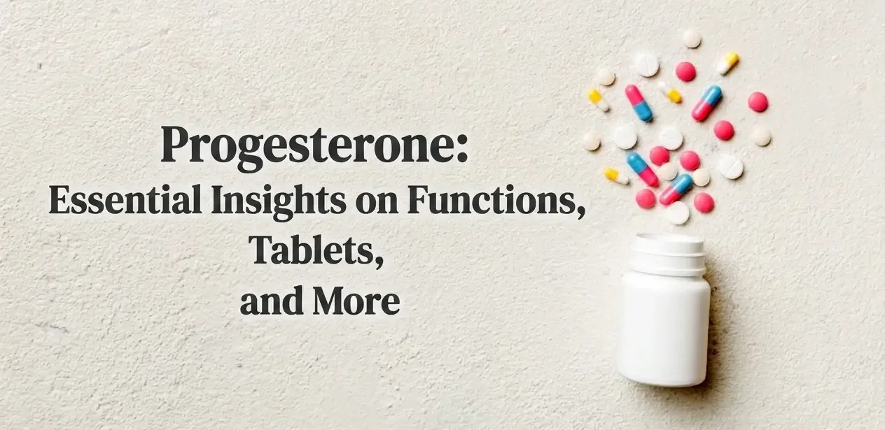 Progesterone tablets and pills with text on progesterone functions, uses, and low progesterone symptoms