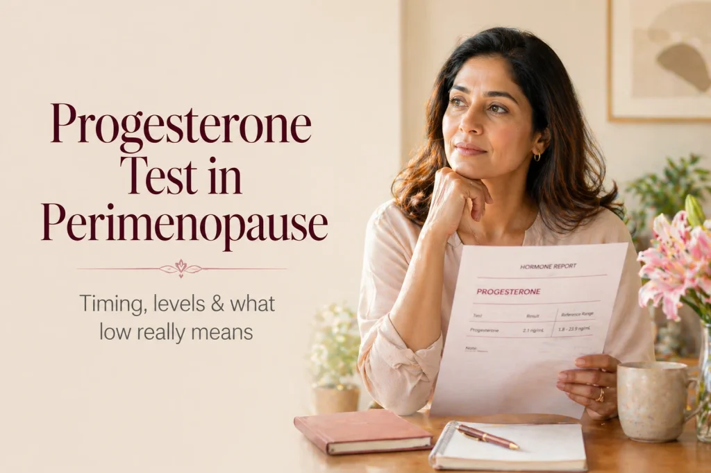 Progesterone test in perimenopause explained with woman reviewing hormone report showing progesterone levels and cycle timing