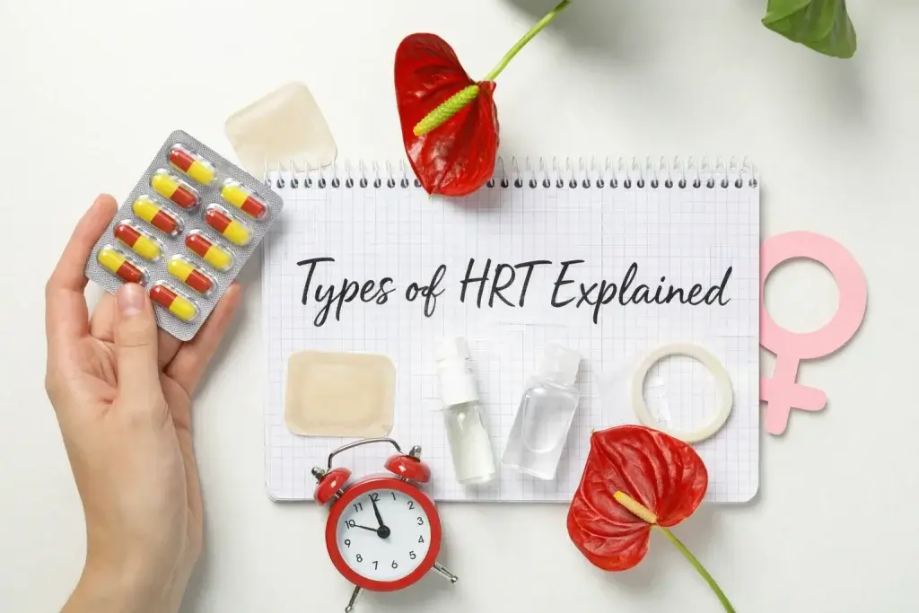 Types of HRT explained showing pills estrogen patch gels and vaginal ring for menopause treatment