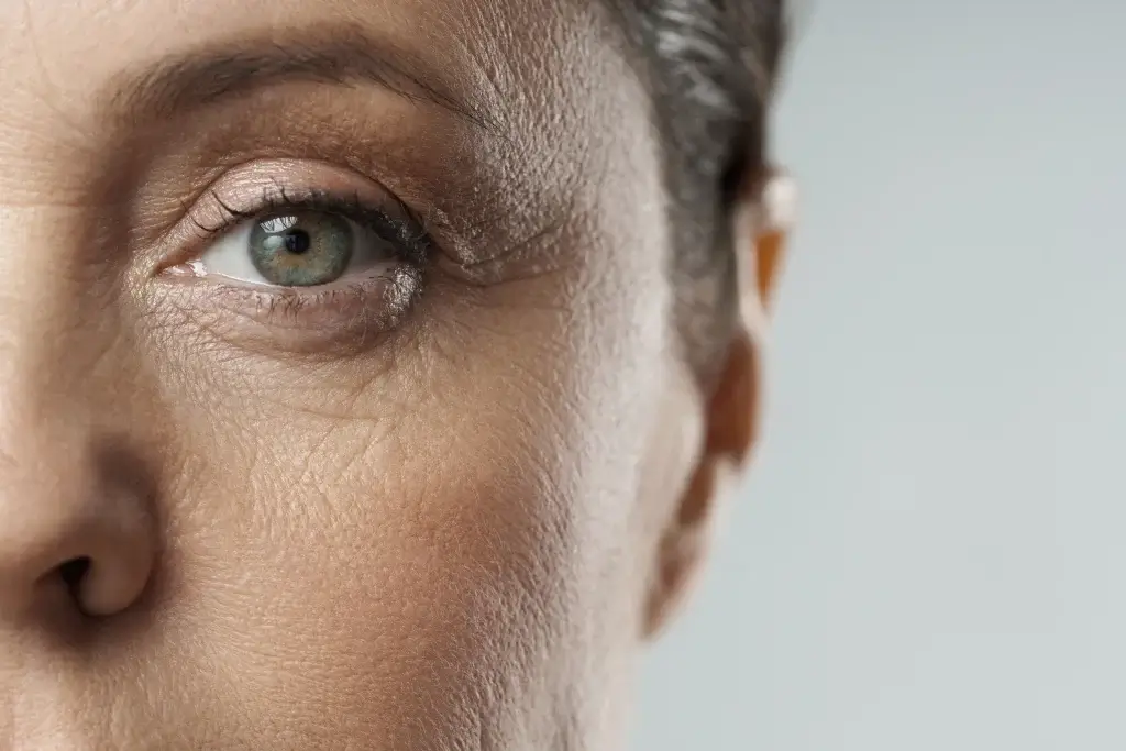Close-up of mature woman’s eye showing wrinkles and fine lines related to hrt and aging skin during menopause