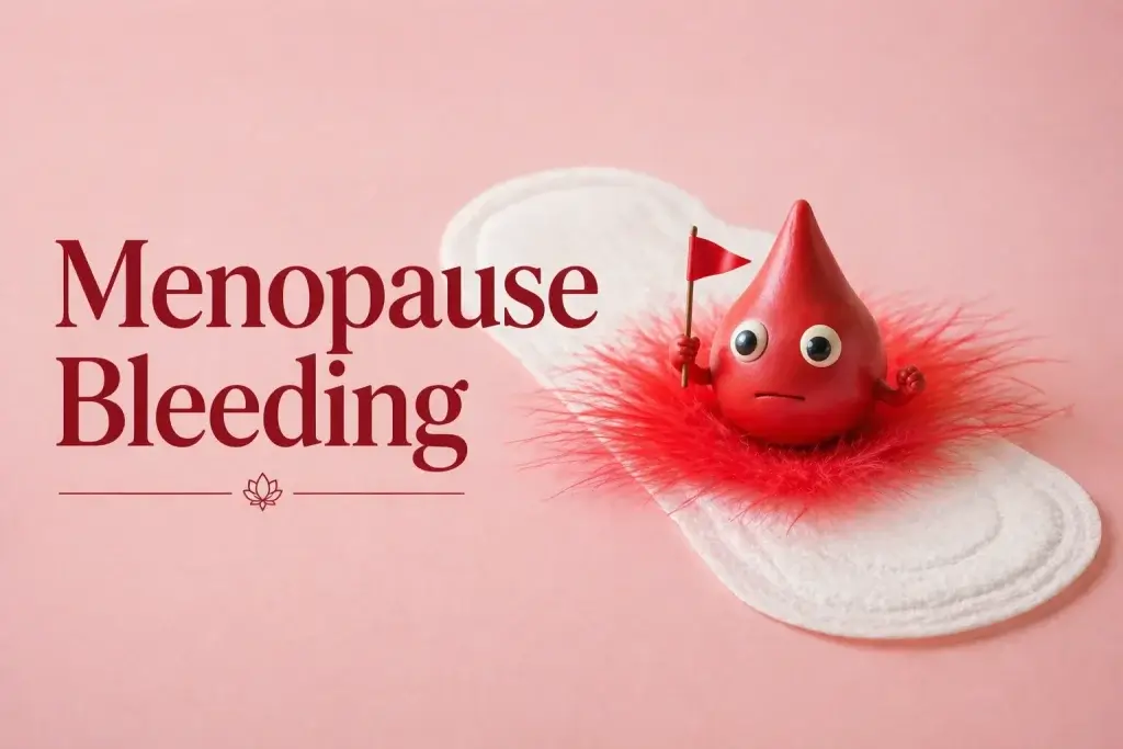 Illustration of menopause bleeding showing a red drop with a warning flag on a sanitary pad, representing vaginal bleeding after menopause and health warning signs