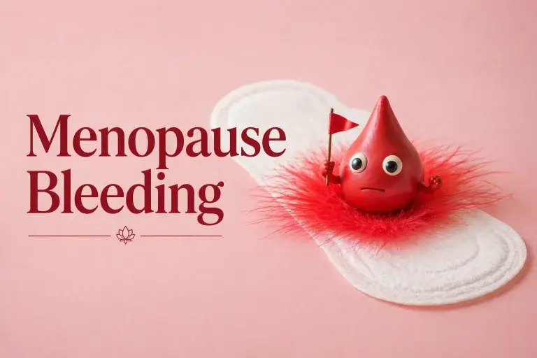 Illustration of menopause bleeding showing a red drop with a warning flag on a sanitary pad, representing vaginal bleeding after menopause and health warning signs