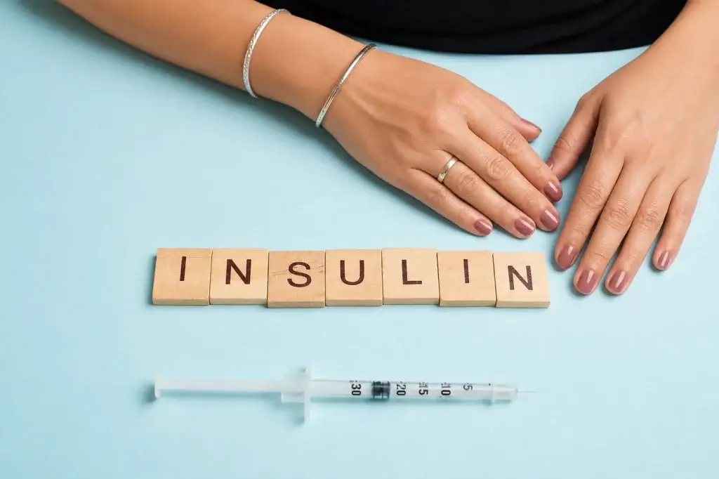 Insulin resistance symptoms in women represented with insulin blocks and medical syringe on a pastel blue background