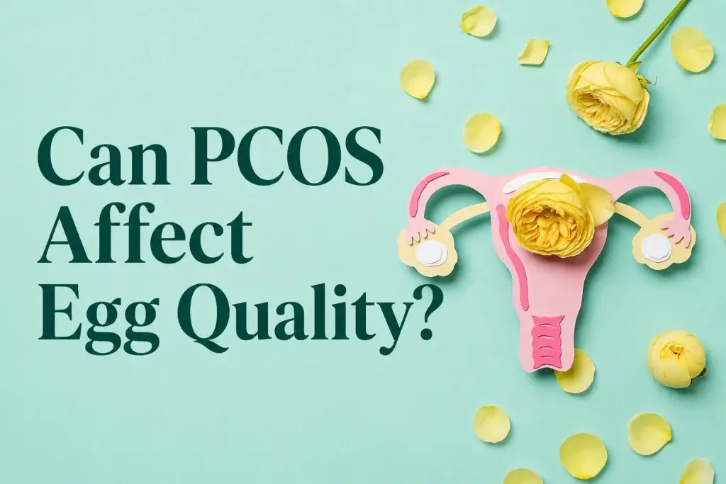Illustrative hero image showing a stylized uterus with yellow roses and pastel floral elements beside the title “Can PCOS Affect Egg Quality?” on a soft mint background, representing women’s fertility, ovulation, and reproductive health.