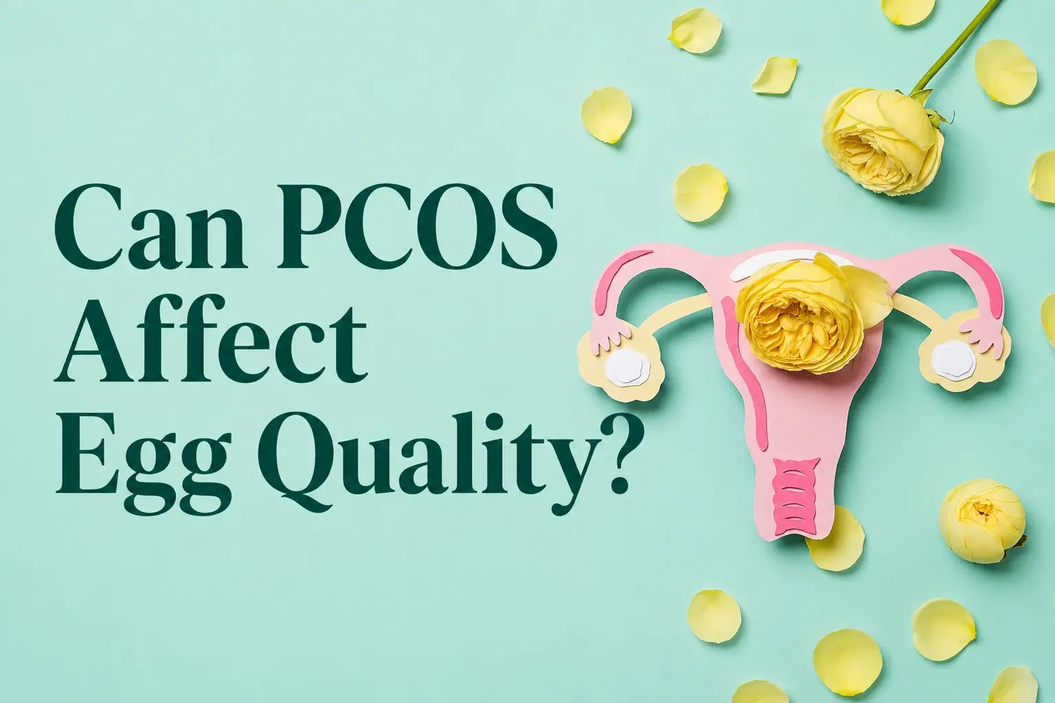 Illustrative hero image showing a stylized uterus with yellow roses and pastel floral elements beside the title “Can PCOS Affect Egg Quality?” on a soft mint background, representing women’s fertility, ovulation, and reproductive health.
