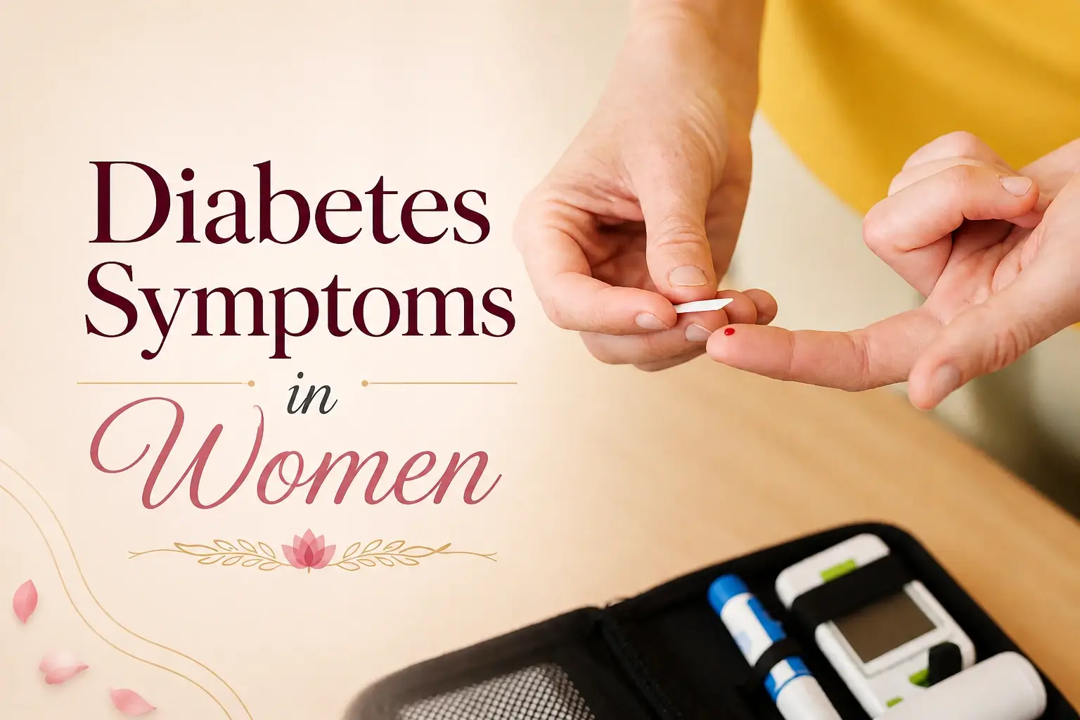 Diabetes symptoms in women shown through blood sugar testing with glucometer and finger prick, highlighting early warning signs and glucose monitoring.