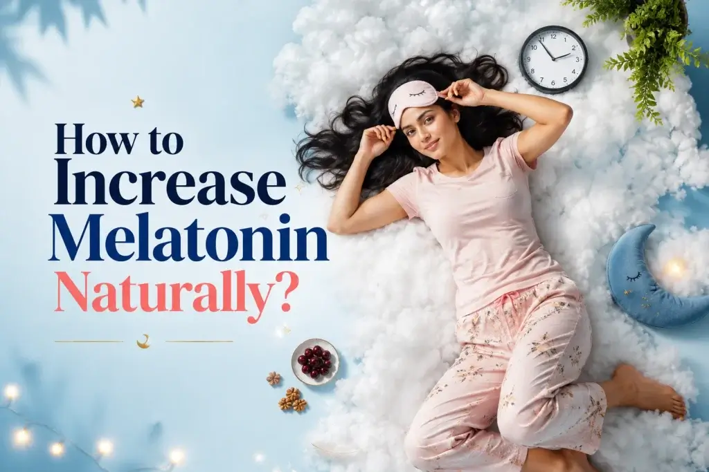 Indian woman relaxing on cloud themed bed concept showing natural melatonin support, healthy sleep habits, circadian rhythm and better sleep for women over 35