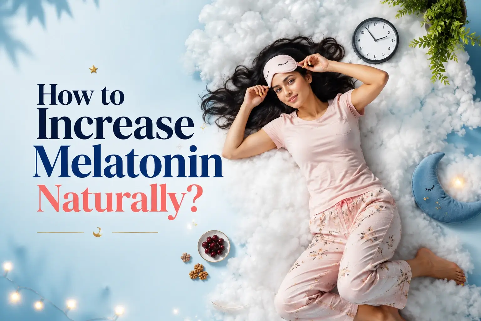 Indian woman relaxing on cloud themed bed concept showing natural melatonin support, healthy sleep habits, circadian rhythm and better sleep for women over 35