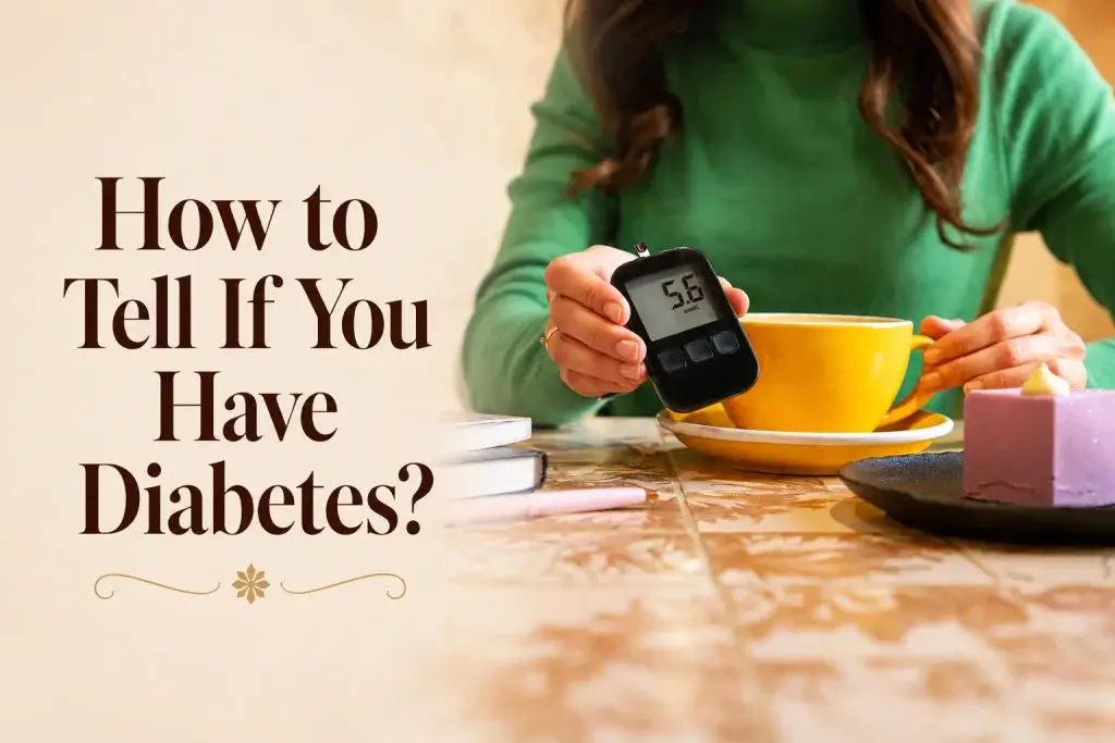 Woman checking blood sugar with a glucometer beside dessert and tea, illustrating how to tell if you have diabetes and early diabetes symptoms in women