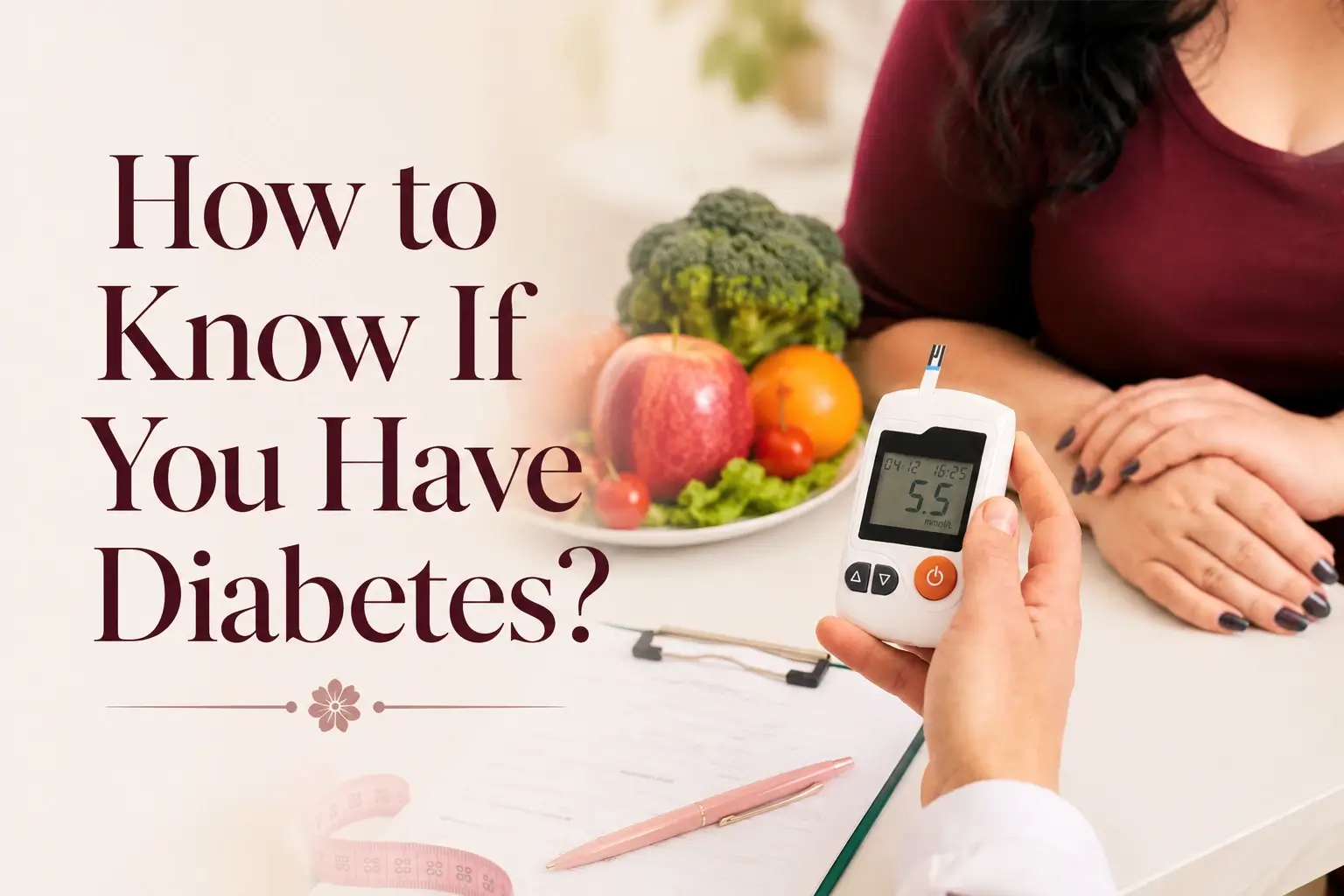 Woman checking blood sugar levels with a glucometer during a diabetes consultation, featuring the text “How to Know If You Have Diabetes?” in an elegant feminine design.