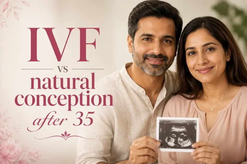 Editorial-style hero image featuring an Indian couple in their late 30s holding an ultrasound scan beside the title “IVF vs Natural Conception After 35,” representing fertility, pregnancy planning, reproductive health, and assisted conception for women over 35.